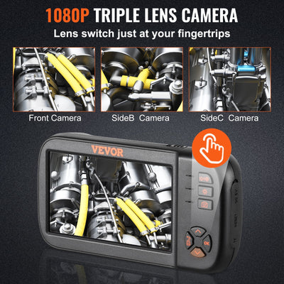 VEVOR Borescope Camera, Triple Lens Endoscope Camera with Light, 4.5 Screen 1080P Inspection Camera with 10 LED Light, IP67 Waterproof Drain Snake Camera for Auto, Plumbing (16.5FT Cable, 32GB Card)
