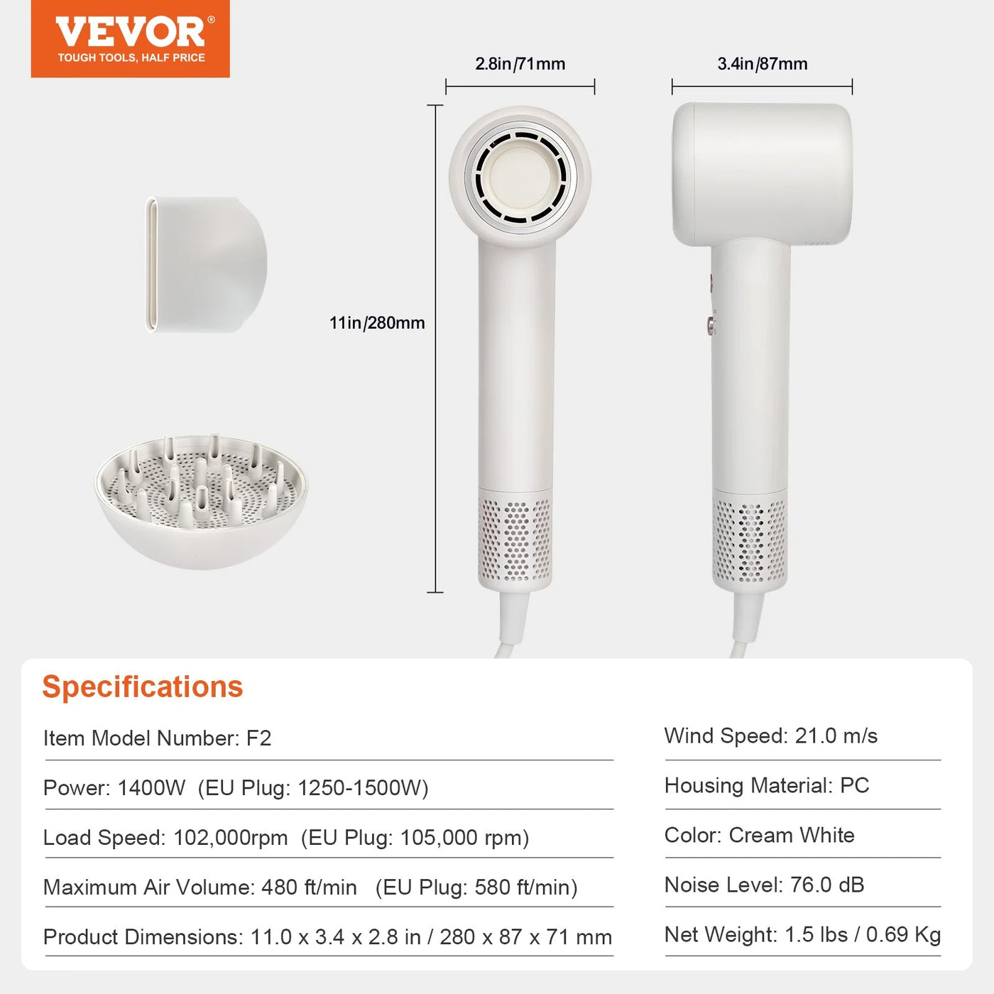 VEVOR High-Speed Hair Dryer with 102,000RPM Brushless Motor, 200 Million Negative Ions Hair Blow Dryer, 3-Color Temp LED Lights & 2 Speeds, Lightweight Hairdryer with Diffuser & Nozzle for Home Travel